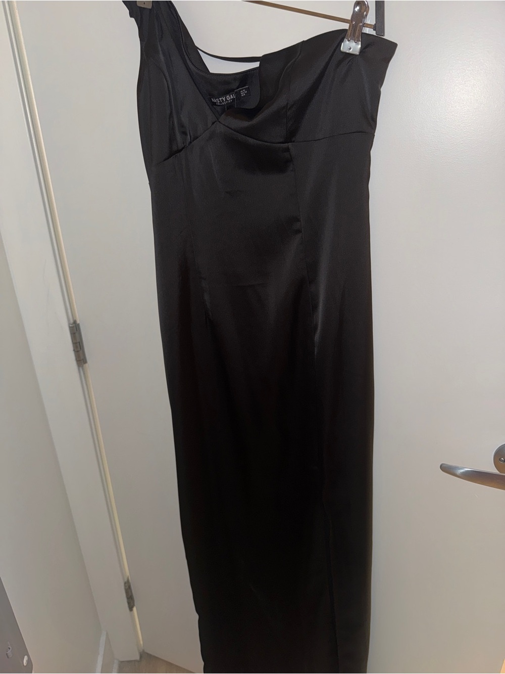 Nasty Gal One-Shoulder Black Satin Column Dress